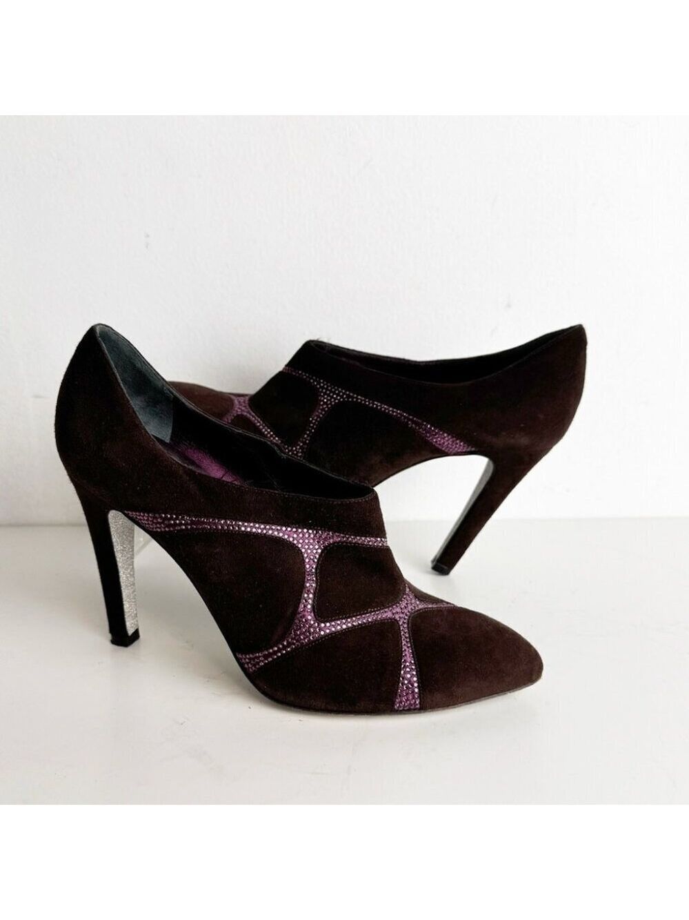 RENE CAOVILLA Ankle Boots in burgundy aubergine Suede and Rhinestones Size 37.5